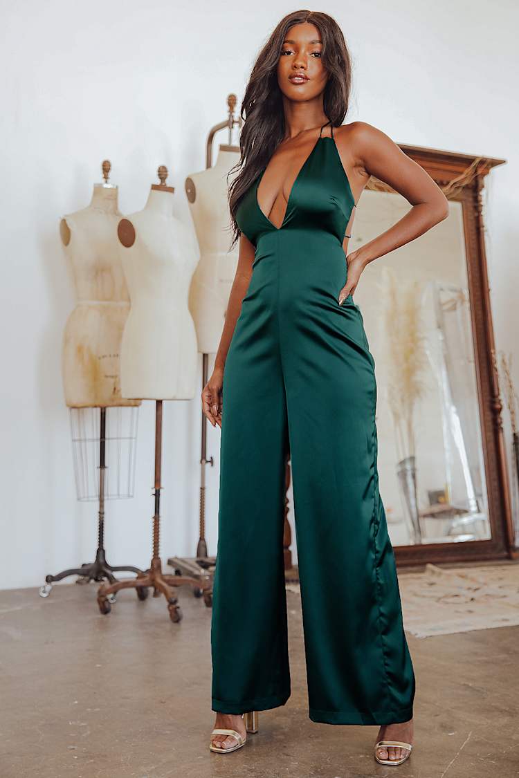 Emerald Green Jumpsuit - Satin Jumpsuit - Backless Jumpsuit - Lulus