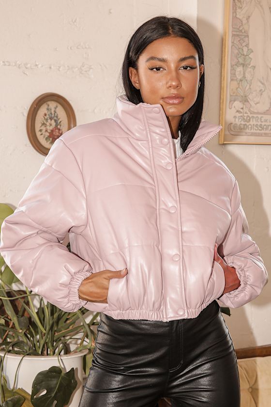 Cool Times Dusty Mauve Vegan Leather Cropped Puffer Jacket 4