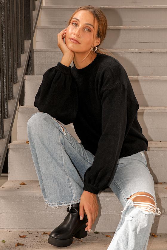 black sweater with balloon sleeves