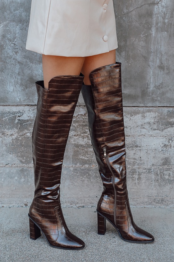 Cynthia Brown Crocodile Embossed Over the Knee Boots
