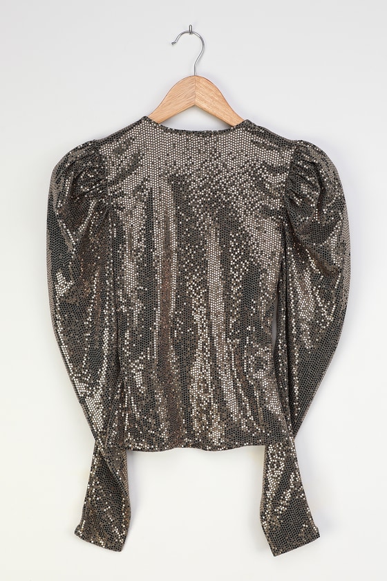 Shiny Gold Sequin Top - Puff Sleeve Blouse - Glam Surplice Top - Lulus