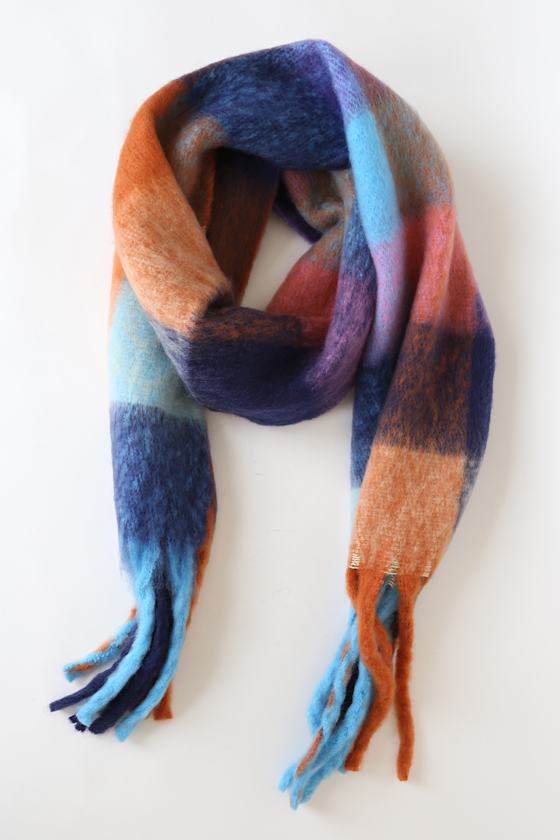 Kaleidoscopic Cozy Blue Multi Oversized Fringe Scarf 1