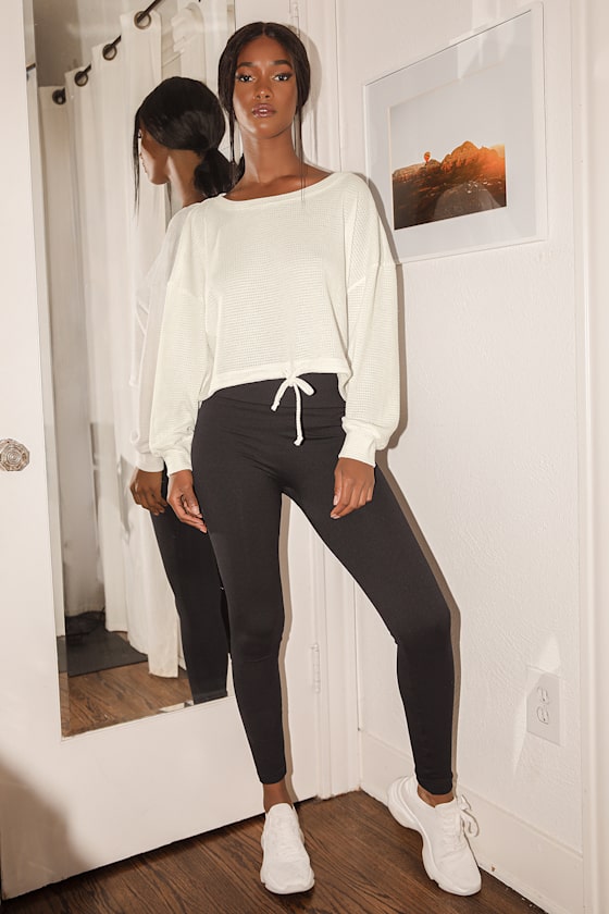 White Long Sleeve Top Drawstring Waist Top Waffle Knit Top Lulus