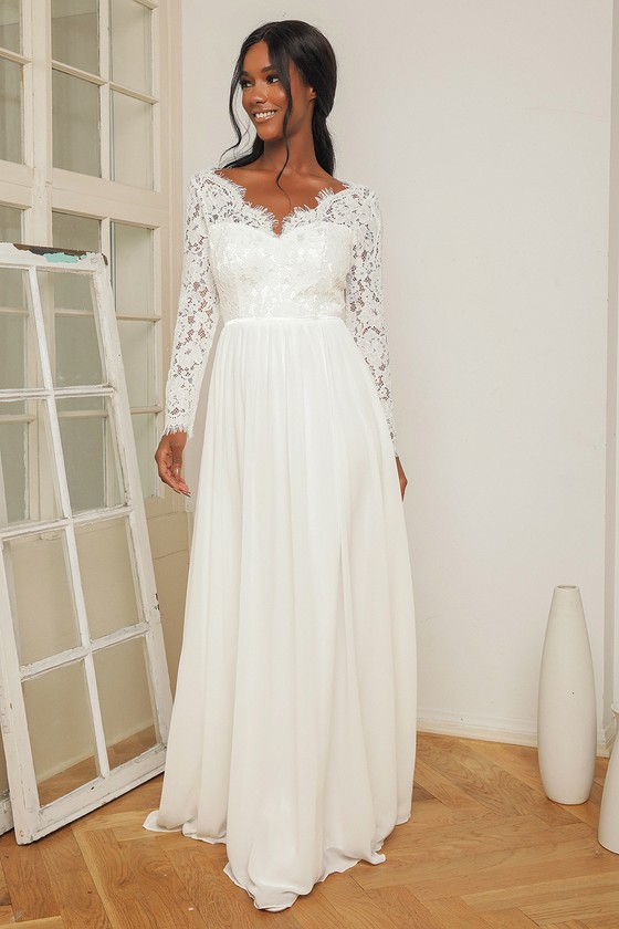 Lace Maxi Dress Long Sleeve Wedding Dress White Maxi