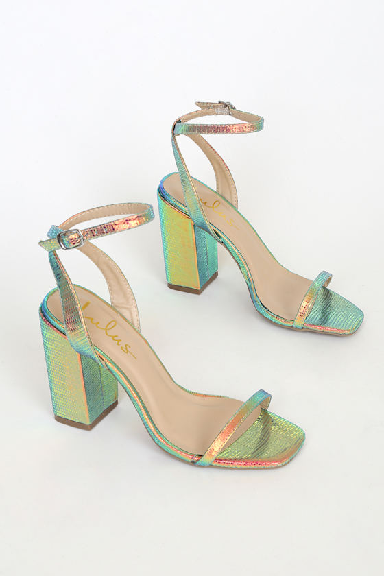Larsaa Hologram Snake-Embossed Ankle Strap High Heel Sandals 1