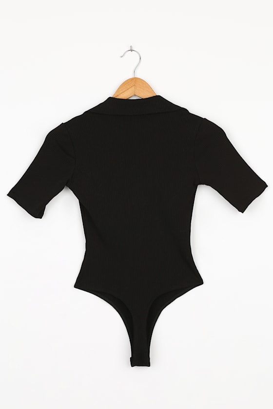 Black Collared Bodysuit Ribbed Bodysuit Short Sleeve Bodysuit Lulus