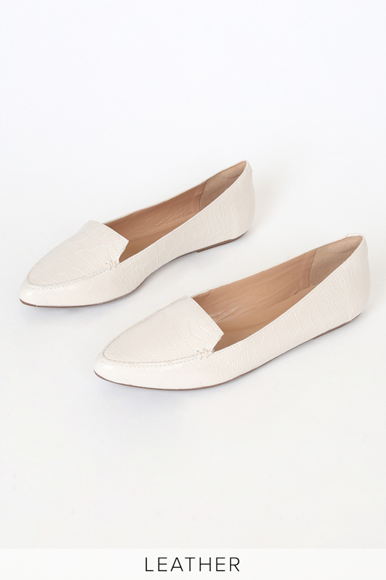 Emmy Leather Off White Crocodile-Embossed Pointed-Toe Loafers 2