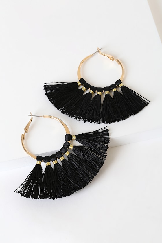 Black Tassel Earrings Hoop Earrings Gold Tassel Hoops Lulus
