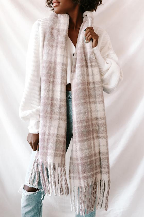 Karly Taupe Plaid Fuzzy Fringe Scarf 4