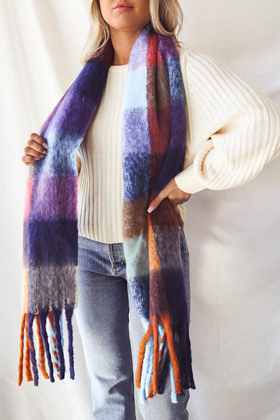 Kaleidoscopic Cozy Blue Multi Oversized Fringe Scarf 3