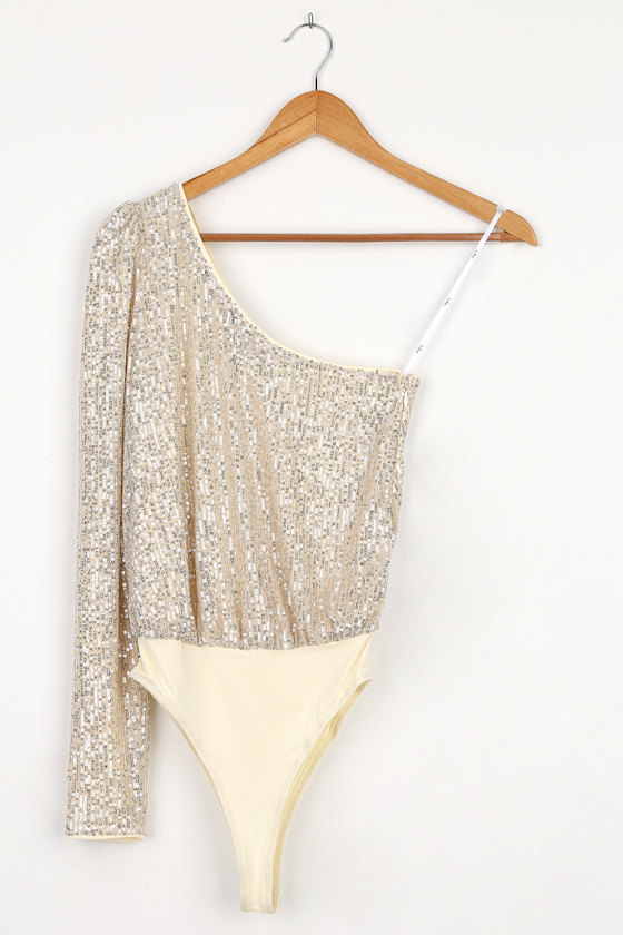 Cream Sequin Bodysuit OneShoulder Bodysuit Long Sleeve Top Lulus