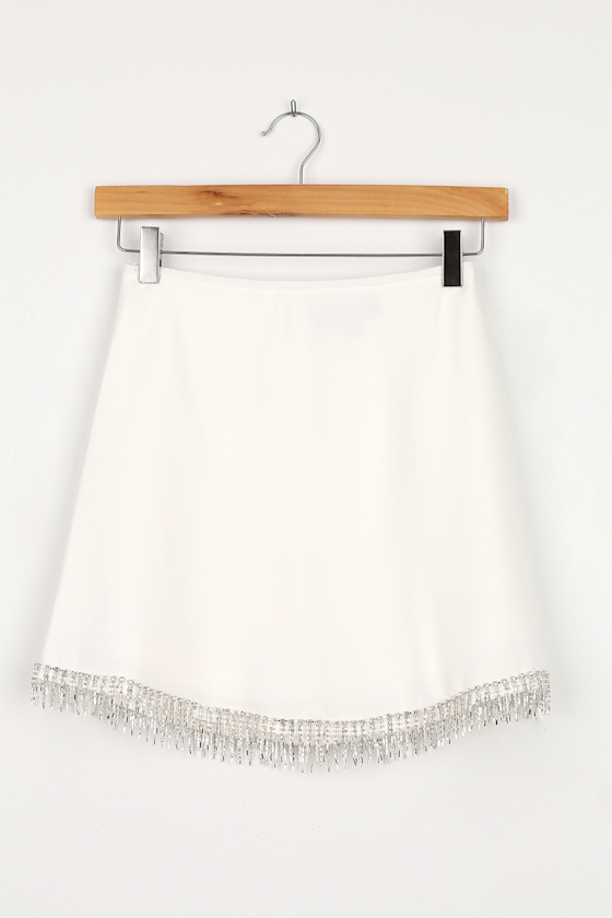 Sparkle Hour White Rhinestone Fringe Mini Skirt 1