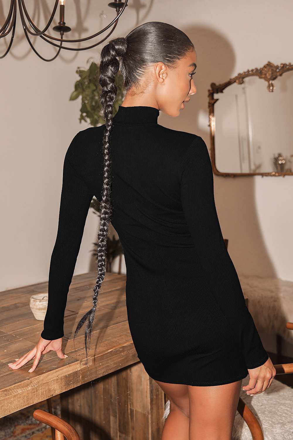 Sweet Season Black Ribbed Mock Neck Long Sleeve Bodycon Dress