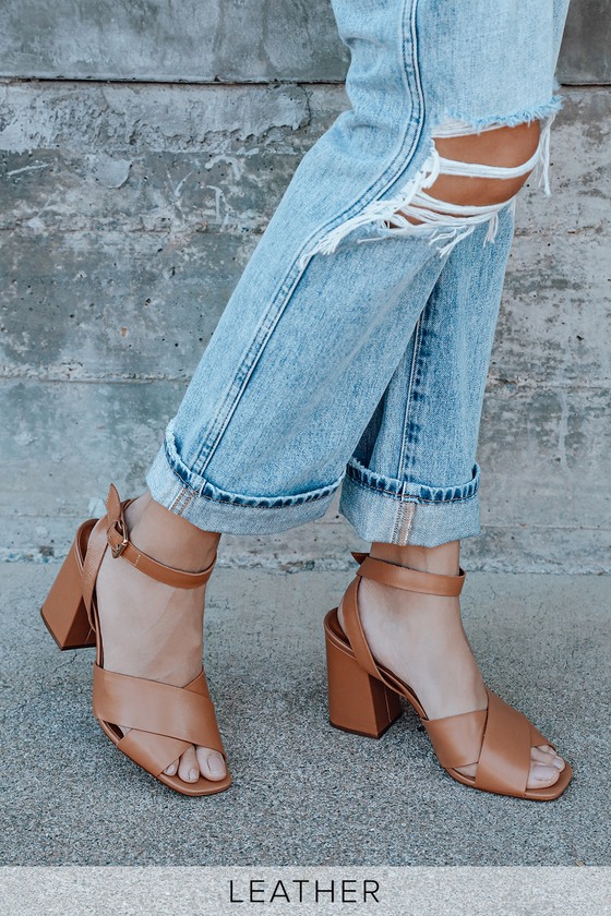 Cognac Vachetta Leather Heels - Medium Nude Sandals - Block Heels - Lulus