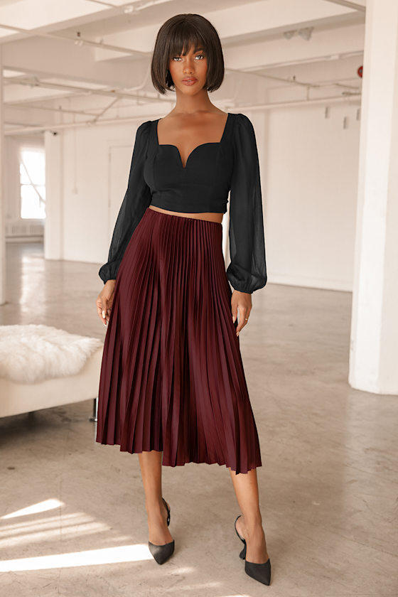 Pleat and Greet Plum Purple Pleated Satin Midi Skirt 7