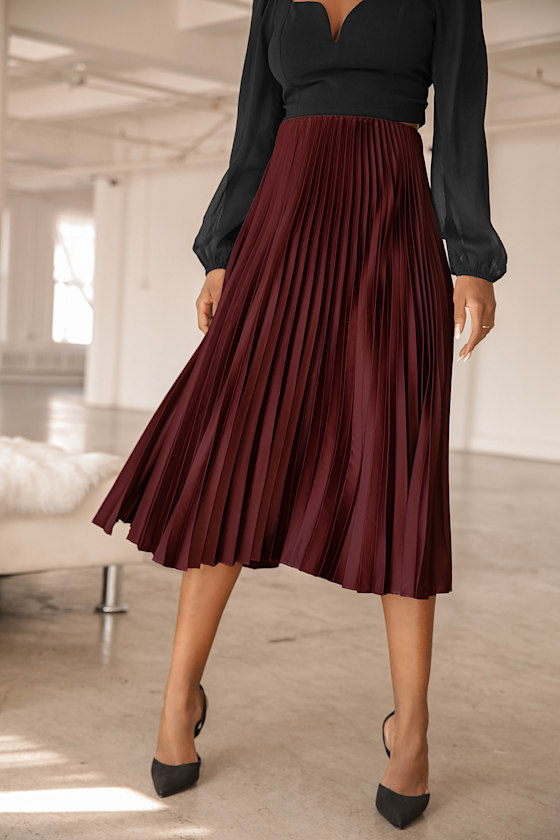 Pleat and Greet Plum Purple Pleated Satin Midi Skirt 8