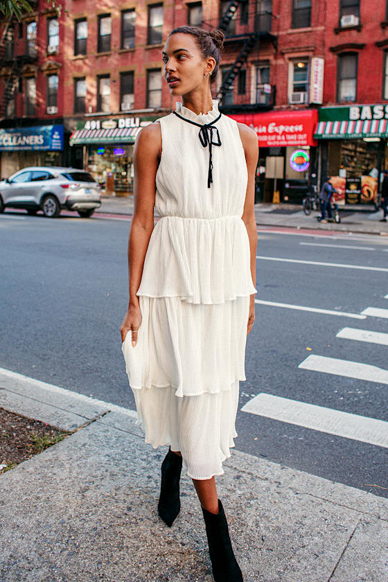 White Pleated Midi Dress - Tiered Dress - Mock Neck Midi Dress - Lulus