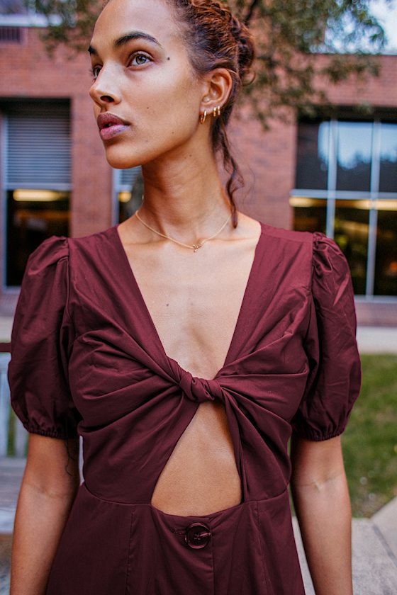 Simple Times Burgundy Twist-Front Puff Sleeve Tiered Maxi Dress 7