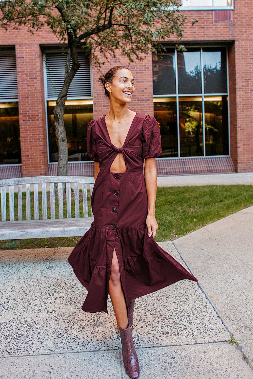 Simple Times Burgundy Twist-Front Puff Sleeve Tiered Maxi Dress