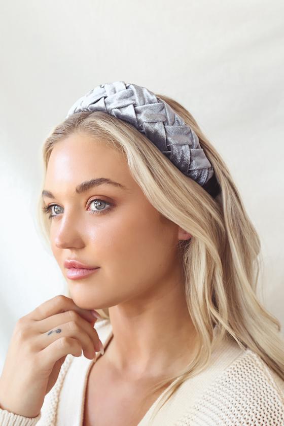 Luxe Club Grey Velvet Braided Headband 1