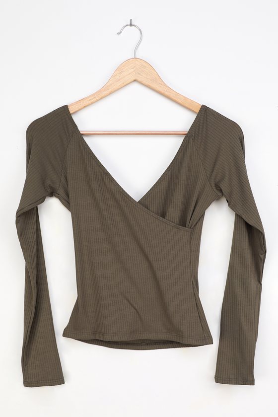 Olive Green Top - Surplice Top - Long Sleeve Top - Faux Wrap Top - Lulus