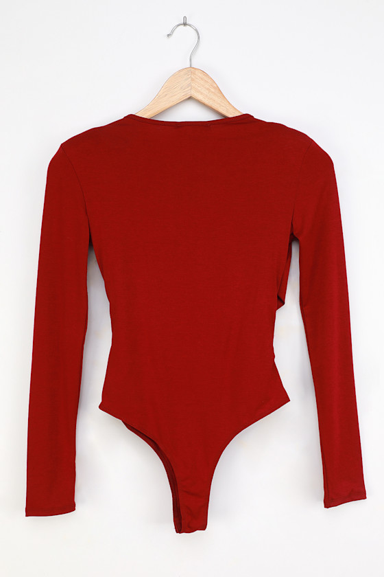 Wine Red Bodysuit Surplice Bodysuit Long Sleeve Bodysuit Lulus