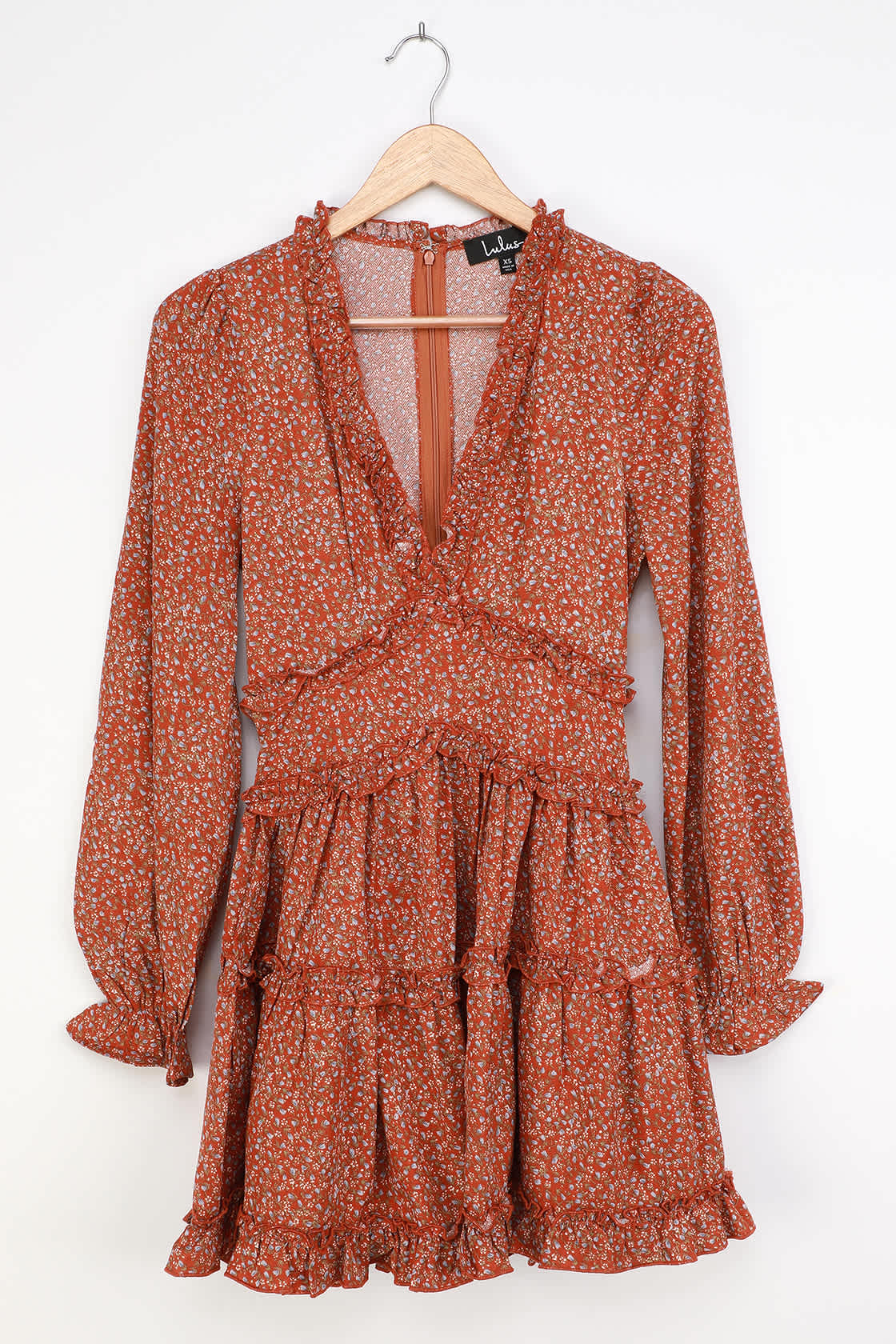 Admire You Orange Floral Print Ruffled Long Sleeve Mini Dress