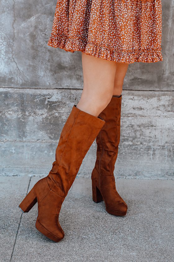Brown Suede Boots Knee High Boots Platform High Heel Boots Lulus