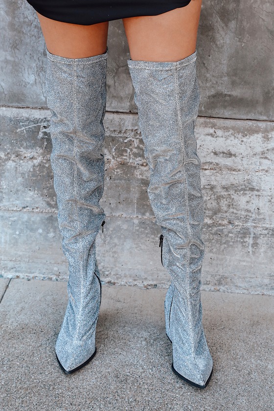 silver sparkle thigh high boots