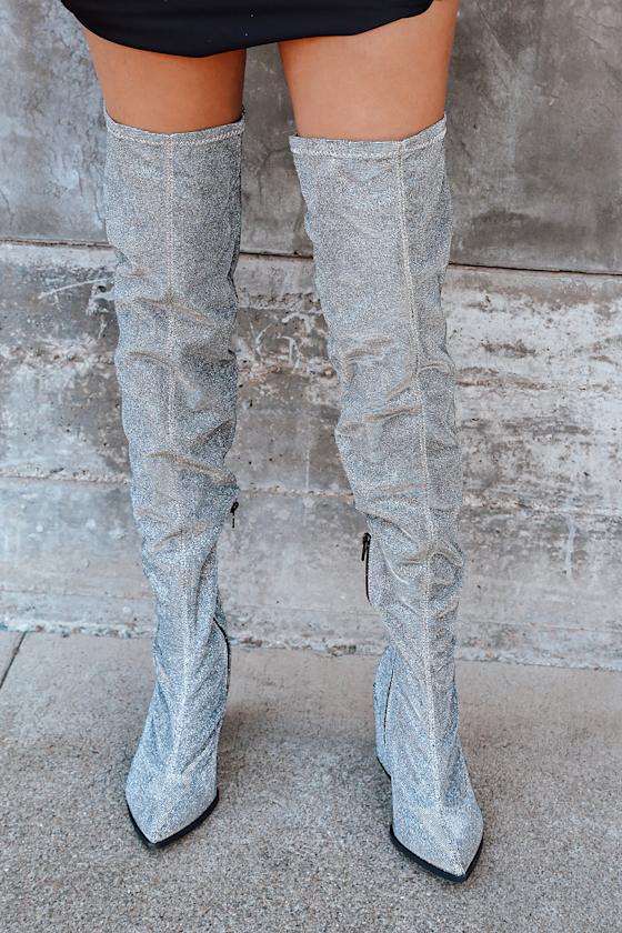 Aurelie Silver Pointed-Toe Over The Knee Boots 1