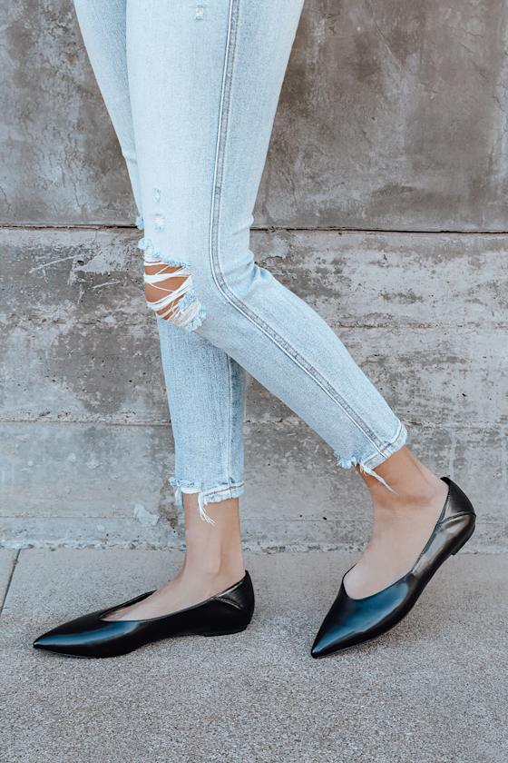 Black Flats - Pointed-Toe Flats - Faux Leather Flats - Lulus