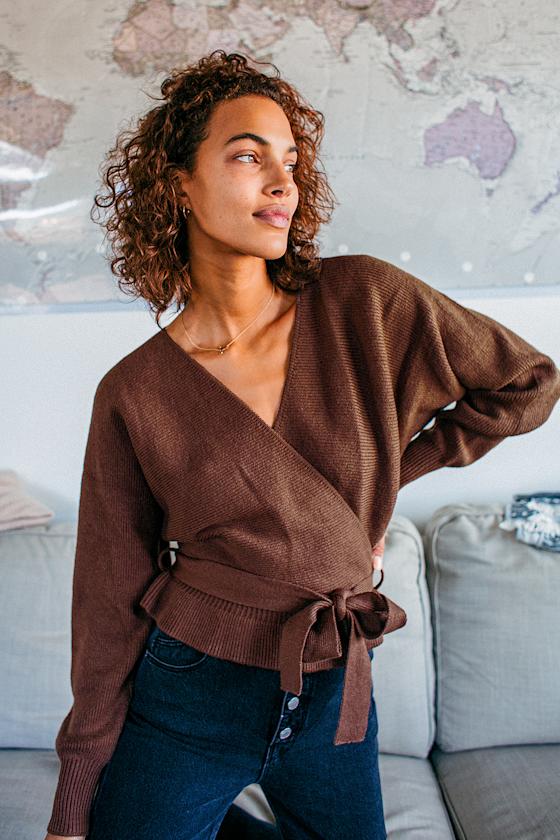 Sweet and Sophisticated Brown Knit Faux-Wrap Sweater 5