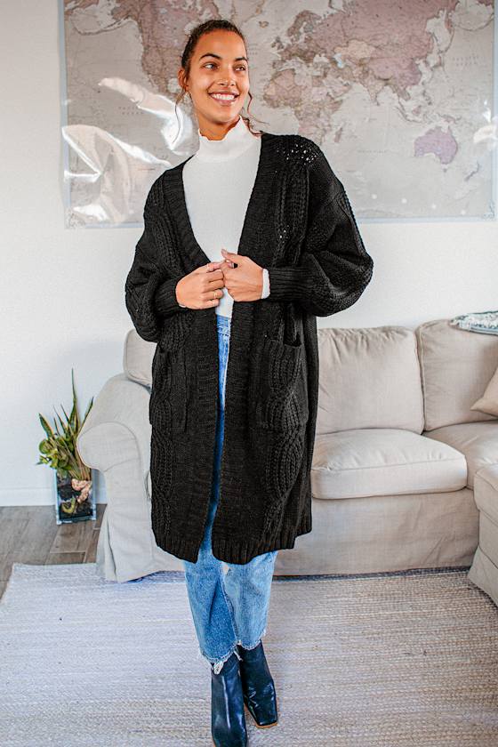 Tres Cozy Black Chunky Cable Knit Oversized Cardigan 4