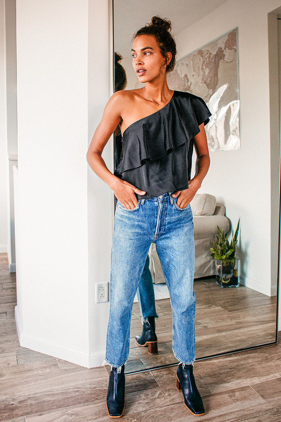 black satin one shoulder top