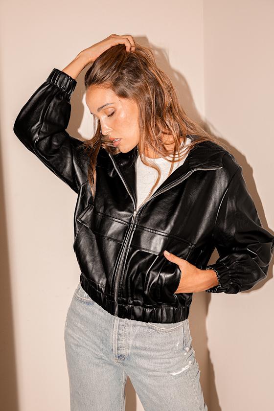 Vegan Leather Bomber Jacket Black Bomber Faux Leather Jacket Lulus