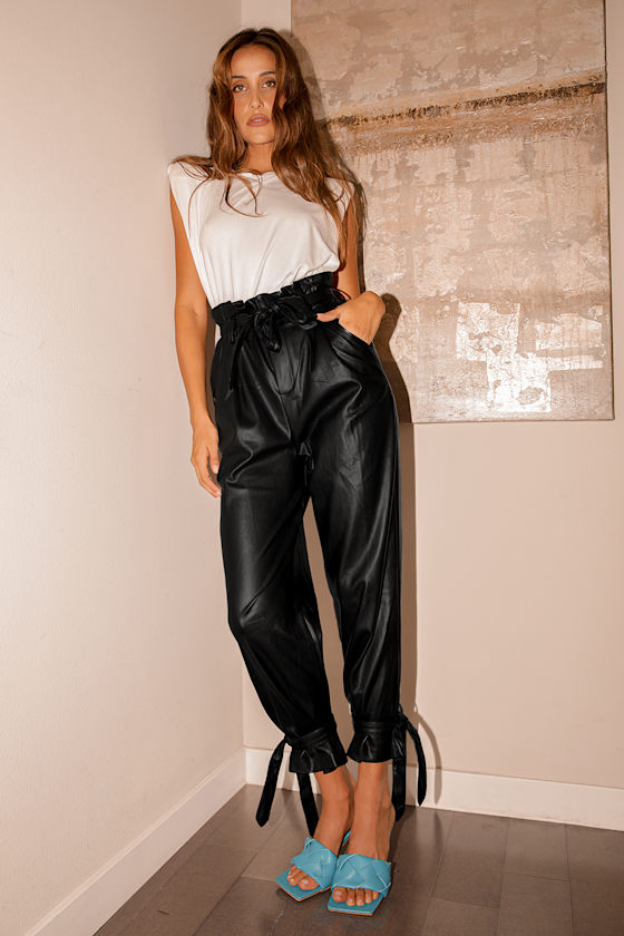 Up to Speed Black Vegan Leather Paperbag Waist Pants 6