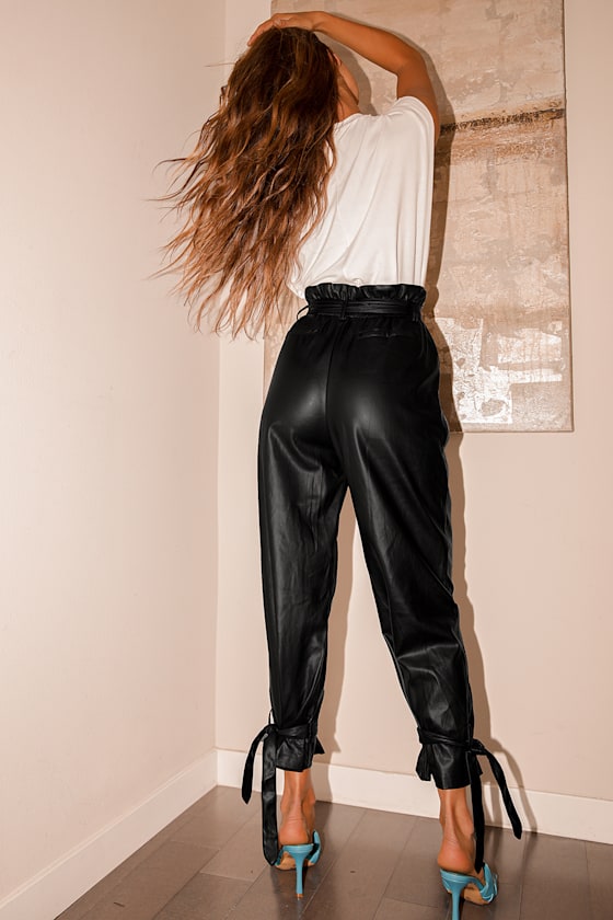 Up to Speed Black Vegan Leather Paperbag Waist Pants 7