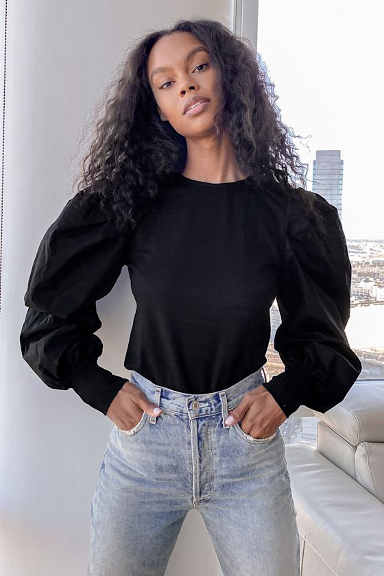 Black Puff Sleeve Top Long Sleeve Top Puffy Shoulder Top Lulus