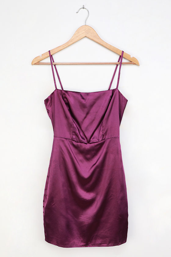 purple stretch satin bodycon mini dress