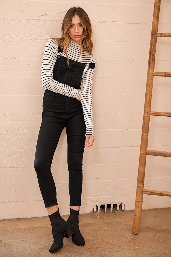 Jesse Black Coated Denim Skinny Overalls 5