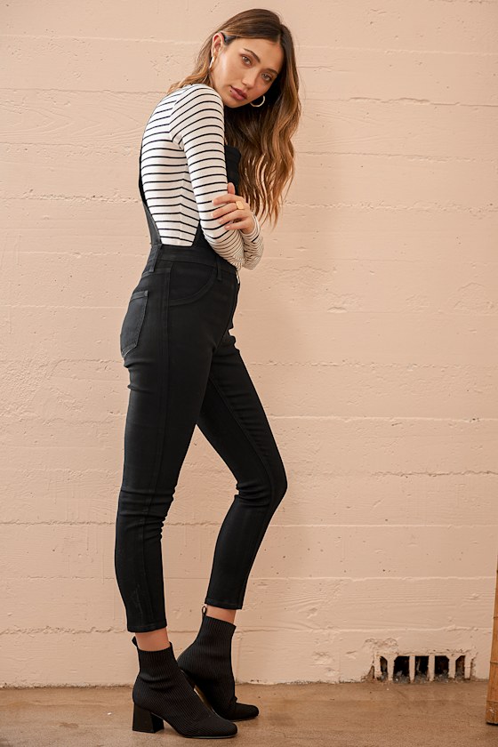 Jesse Black Coated Denim Skinny Overalls 1