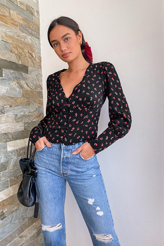 Well Wishes Black Floral Print Long Sleeve Button-Up Top 4