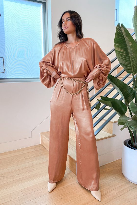Diva Moments Rose Gold Satin Long Sleeve Backless Jumpsuit 7