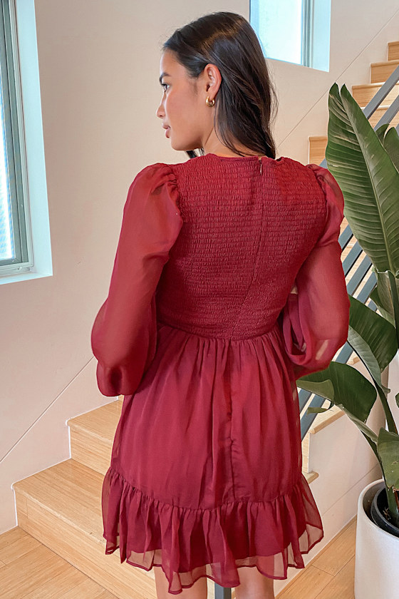 Simply the Sweetest Berry Red Long Sleeve Smocked Mini Dress 6