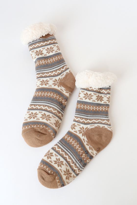 Cozy Hearts Brown Multi Fair Isle Shearling Socks 1