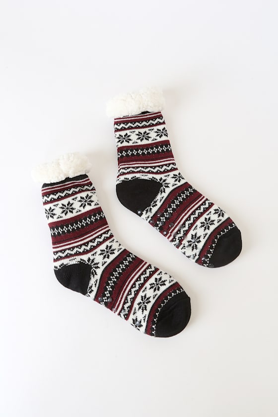 Cozy Hearts Black Multi Fair Isle Shearling Socks 1