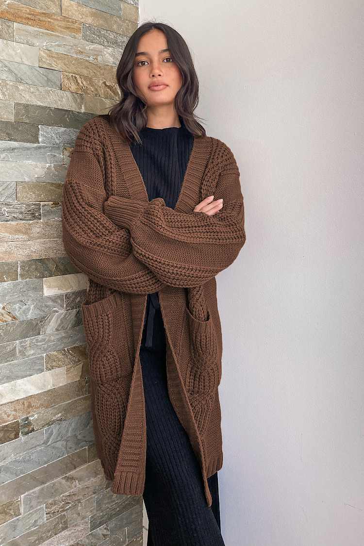 Tres Cozy Light Brown Chunky Cable Knit Oversized Cardigan