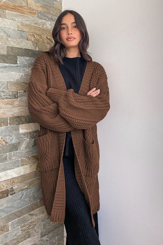 Tres Cozy Light Brown Chunky Cable Knit Oversized Cardigan 4
