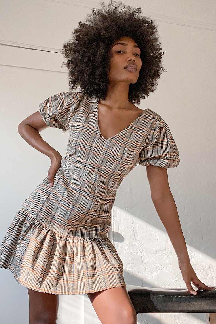 Prepped to Perfection Brown Plaid Ruffled Puff Sleeve Mini Dress Prepped to Perfection Brown Plaid Ruffled Puff Sleeve Mini Dress
