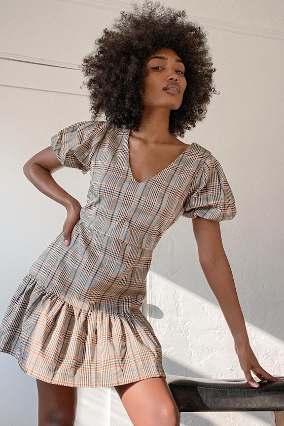Prepped to Perfection Brown Plaid Ruffled Puff Sleeve Mini Dress 5